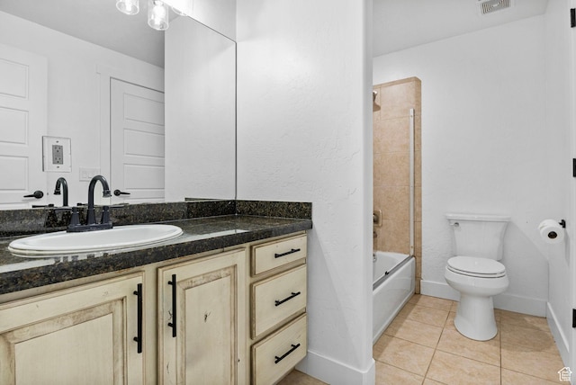full bathroom featuring tile patterned flooring, vanity, toilet,  shower combination, and visible vents