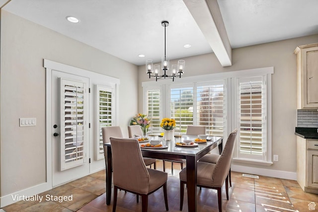 dining space with visible vents, baseboards, beamed ceiling, a chandelier, and recessed lighting