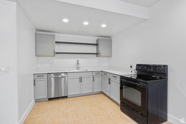 kitchen featuring gray cabinets, open shelves, black range with electric cooktop, and dishwasher