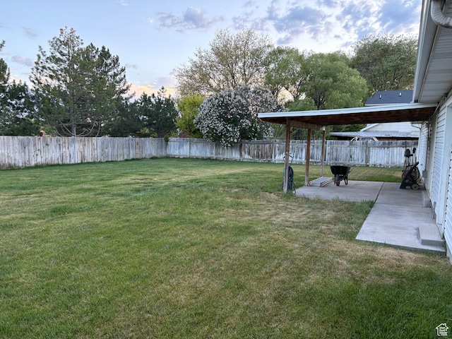 view of yard featuring a patio and a fenced backyard
