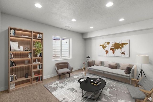 5829 N Goldfinch Ln, Stansbury Park, UT 84074 - living room with a textured ceiling, carpet, recessed lighting, baseboards, and visible vents