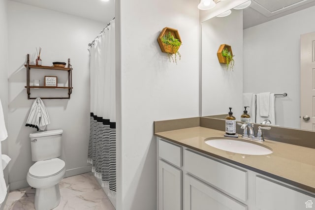5829 N Goldfinch Ln, Stansbury Park, UT 84074 - bathroom with vanity, baseboards, toilet, and marble finish floor