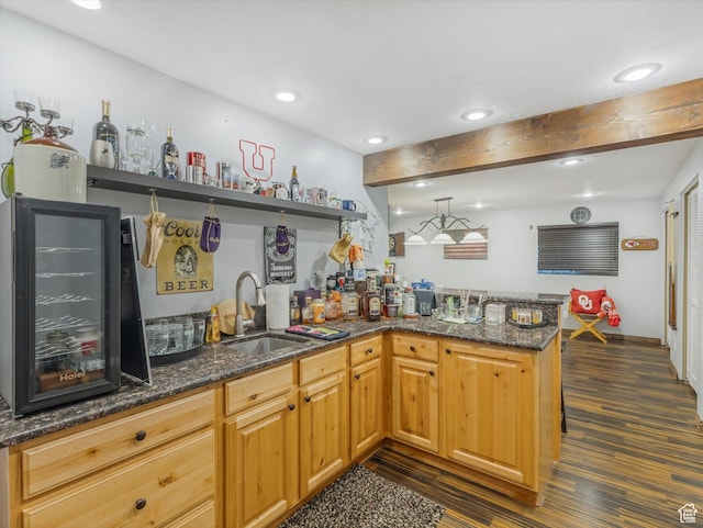 6439 S 1940 E, Murray, UT 84121 - bar featuring dark wood finished floors, a sink, beamed ceiling, indoor wet bar, and recessed lighting