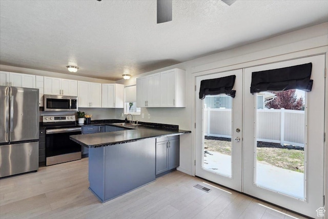 5782 Redwood Ln, South Ogden, UT 84403 - kitchen featuring visible vents, dark countertops, a sink, a peninsula, and stainless steel appliances