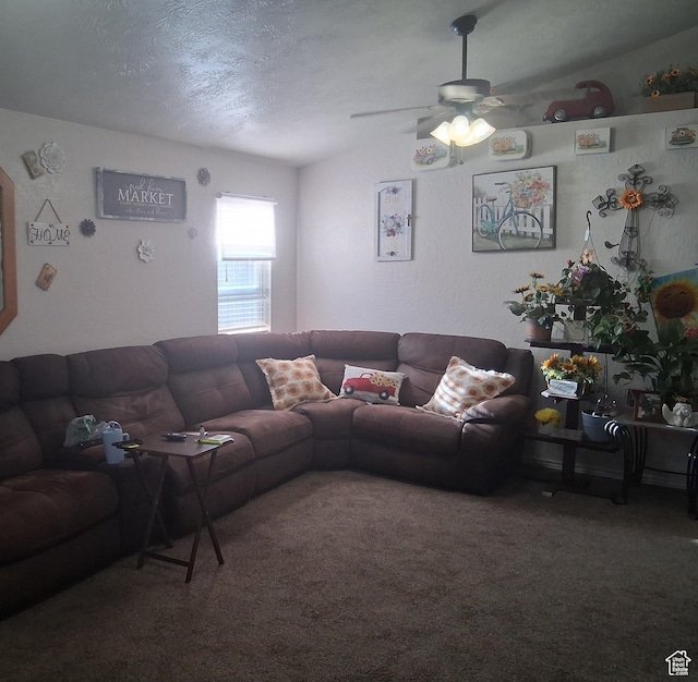 2434 W 2250 N, Clinton, UT 84015 - carpeted living room featuring a ceiling fan and a textured ceiling