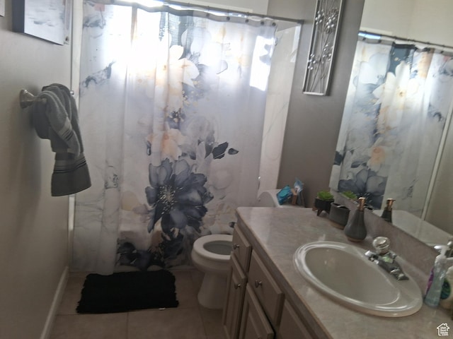 2434 W 2250 N, Clinton, UT 84015 - full bathroom with tile patterned flooring, curtained shower, toilet, and vanity
