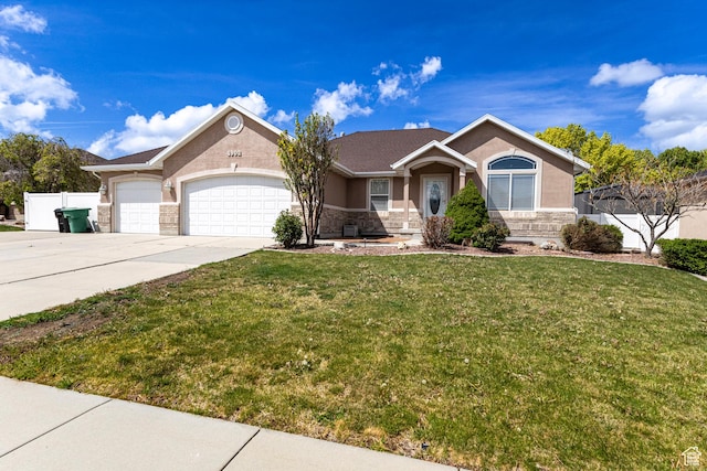 4902 W Pine Laurel Ln, West Jordan, UT 84081 - ranch-style home featuring a garage, a front yard, stone siding, stucco siding, and driveway