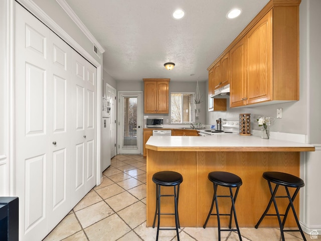 426 E 400 S, American Fork, UT 84003 - kitchen with light countertops, a sink, a peninsula, under cabinet range hood, and white appliances