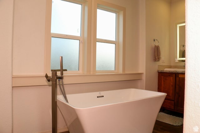 610 S Trout Dr, Manila, UT 84046 - full bathroom with a freestanding bath, wood finished floors, and vanity