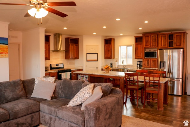 610 S Trout Dr, Manila, UT 84046 - living room with recessed lighting, a ceiling fan, and dark wood-style floors