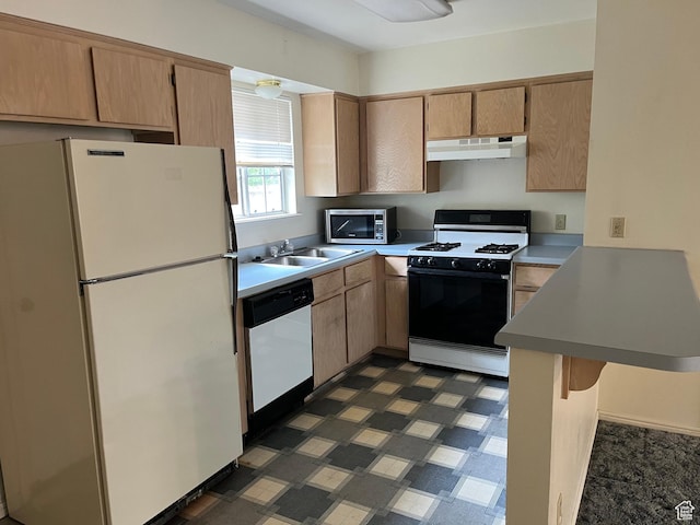 99 N 1850 W Unit 4, Cedar City, UT 84720 - kitchen featuring a sink, a peninsula, dark floors, under cabinet range hood, and white appliances