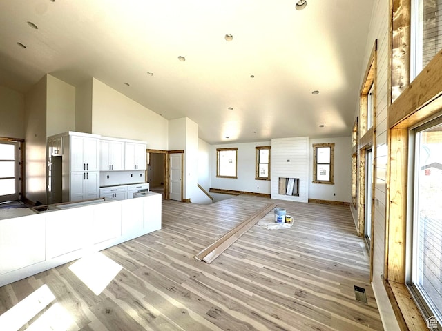 3042 S Chukar Dr, Garden City, UT 84028 - unfurnished living room featuring light wood-style floors, high vaulted ceiling, plenty of natural light, and baseboards