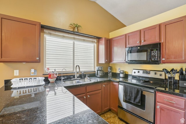 8564 S Laurel Oak Dr W, West Jordan, UT 84088 - kitchen with black microwave, stainless steel electric stove, a sink, vaulted ceiling, and tile patterned flooring