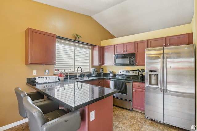 8564 S Laurel Oak Dr W, West Jordan, UT 84088 - kitchen featuring stainless steel appliances, a sink, a peninsula, lofted ceiling, and light tile patterned flooring