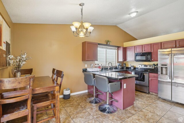 8564 S Laurel Oak Dr W, West Jordan, UT 84088 - kitchen with stainless steel appliances, a peninsula, a kitchen breakfast bar, lofted ceiling, and a chandelier