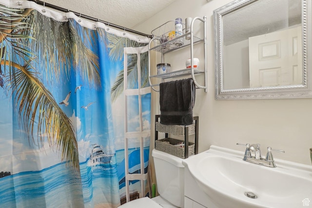 8564 S Laurel Oak Dr W, West Jordan, UT 84088 - bathroom featuring a sink, a textured ceiling, toilet, and curtained shower