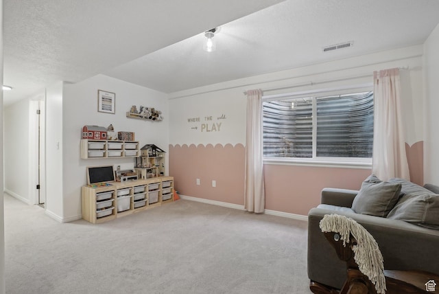 sitting room featuring carpet, baseboards, and a textured ceiling