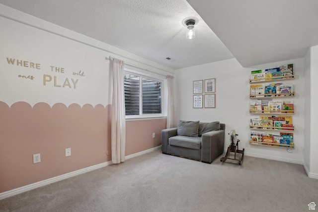 sitting room featuring carpet, baseboards, and a textured ceiling