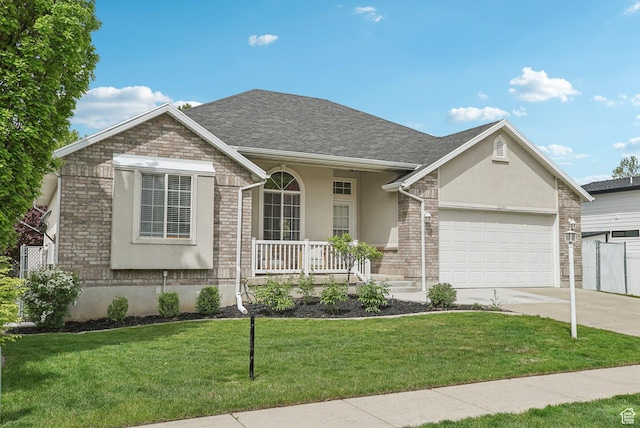 ranch-style house with a porch, stucco siding, an attached garage, concrete driveway, and a front lawn