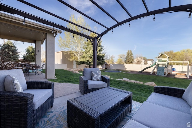 486 N 3500 W, Vernal, UT 84078 - view of patio / terrace featuring a fenced backyard, a playground, a pergola, and an outdoor hangout area