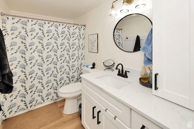 bathroom with vanity, wood finished floors, toilet, and curtained shower