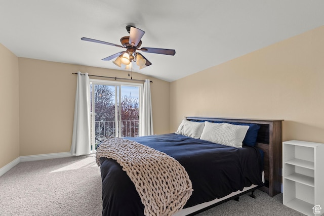 carpeted bedroom featuring baseboards and a ceiling fan