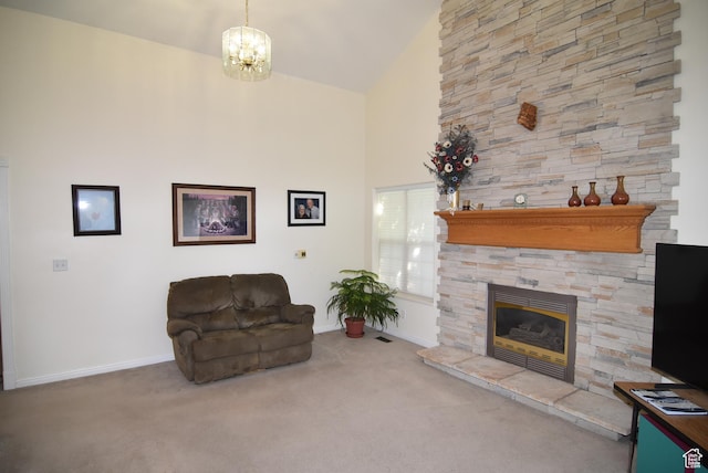 183 E Ama Fille Ln N, Elk Ridge, UT 84651 - carpeted living area featuring baseboards, a fireplace, a chandelier, and high vaulted ceiling
