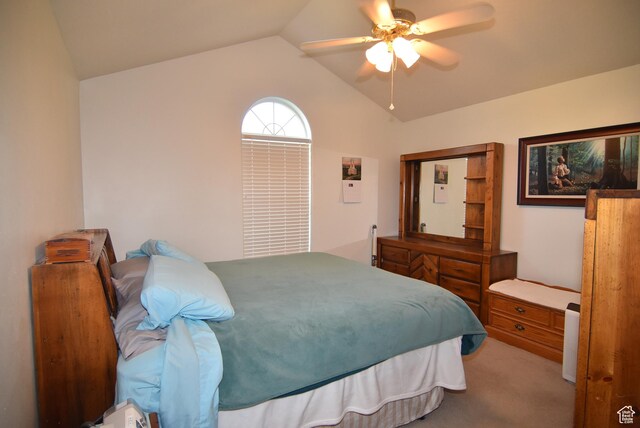 183 E Ama Fille Ln N, Elk Ridge, UT 84651 - bedroom featuring lofted ceiling, light carpet, and a ceiling fan