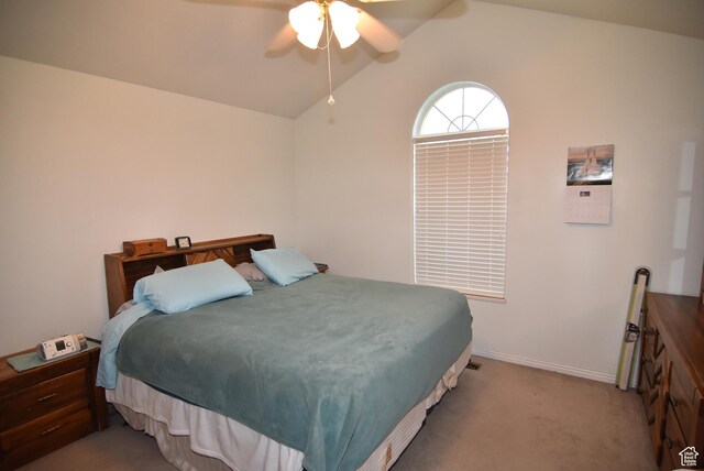 183 E Ama Fille Ln N, Elk Ridge, UT 84651 - bedroom with lofted ceiling, light carpet, baseboards, and ceiling fan
