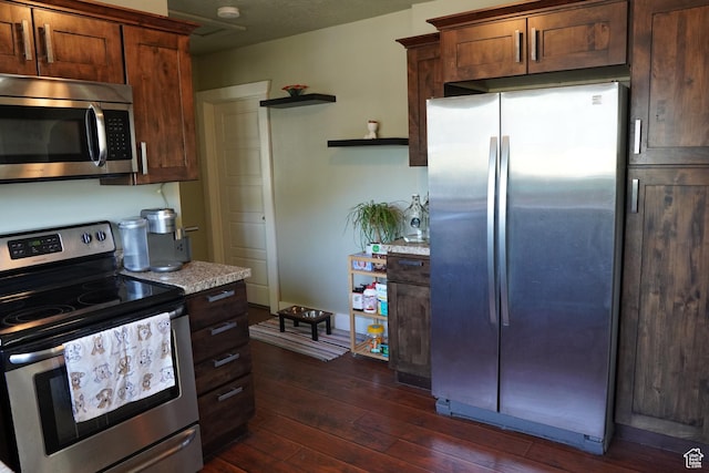 738 S Gudgell Ct, Salt Lake City, UT 84111 - kitchen featuring open shelves, light countertops, appliances with stainless steel finishes, and dark wood-style floors