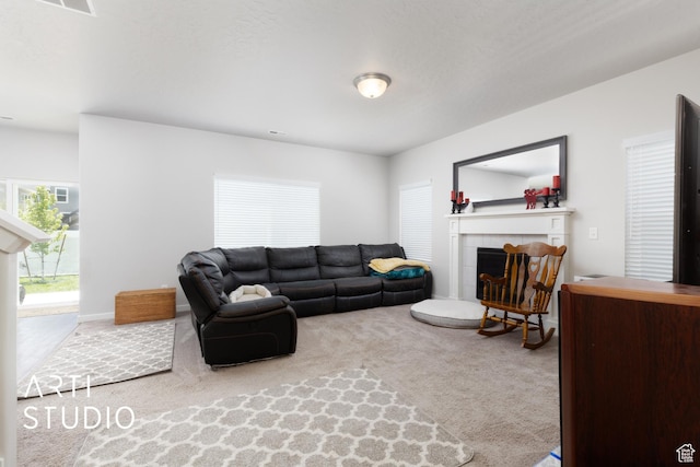 2034 E 970 N, Spanish Fork, UT 84660 - living room featuring a tiled fireplace and carpet flooring