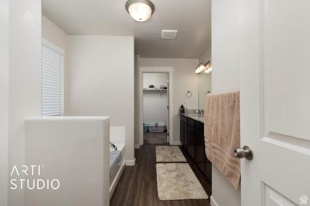 2034 E 970 N, Spanish Fork, UT 84660 - bathroom with vanity, a garden tub, wood finished floors, baseboards, and a walk in closet