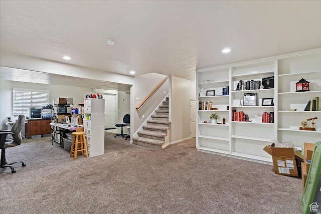 carpeted office with baseboards and recessed lighting
