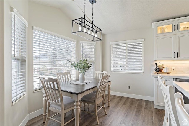 dining space featuring baseboards, a healthy amount of sunlight, and wood finished floors