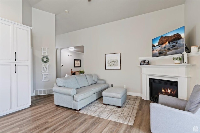 living area with a glass covered fireplace, baseboards, light wood-style flooring, and visible vents