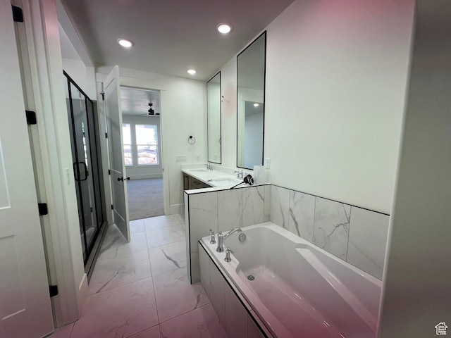 1148 N 1875 E Unit 2, Layton, UT 84040 - bathroom featuring marble finish floors, a bath, vanity, recessed lighting, and a stall shower