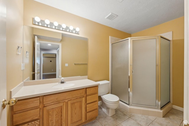 full bath with toilet, vanity, visible vents, tile patterned floors, and a shower stall