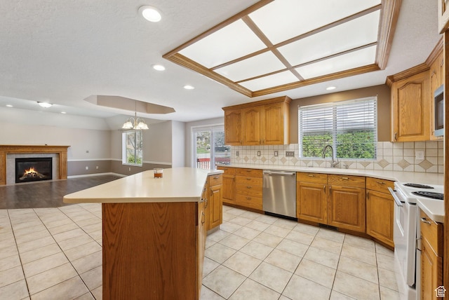 kitchen with light tile patterned flooring, dishwasher, light countertops, a center island, and white range with electric cooktop