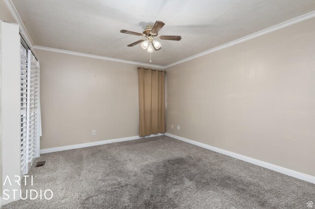 1314 E 1990 S, Ogden, UT 84401 - carpeted spare room featuring a textured ceiling, visible vents, baseboards, ceiling fan, and ornamental molding