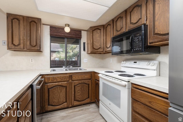 1314 E 1990 S, Ogden, UT 84401 - kitchen featuring stainless steel dishwasher, a sink, black microwave, white range with electric cooktop, and light countertops