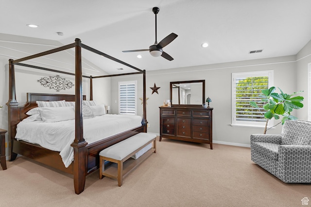 bedroom with visible vents, baseboards, lofted ceiling with beams, and light carpet