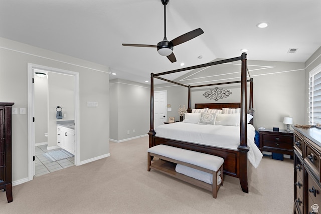 bedroom featuring baseboards, light carpet, recessed lighting, and vaulted ceiling