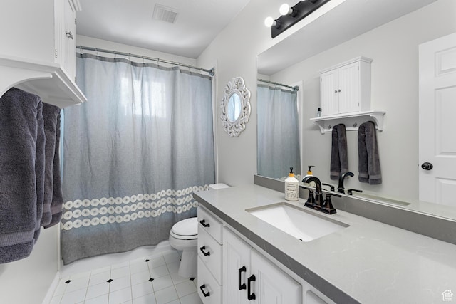bathroom with vanity, toilet, visible vents, and tile patterned flooring