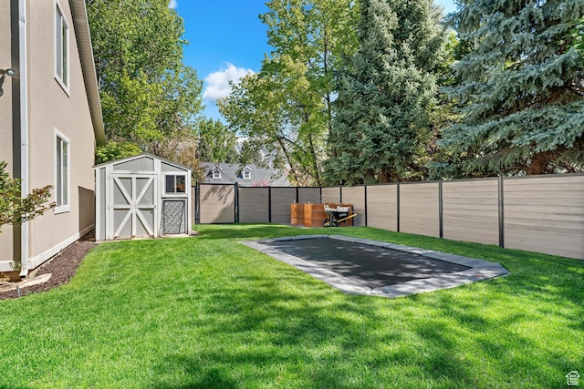 view of yard with a fenced backyard, a patio area, a storage shed, and an outbuilding