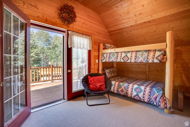 4571 Fawn Way, Heber City, UT 84032 - carpeted bedroom with lofted ceiling, access to outside, wood walls, and wooden ceiling