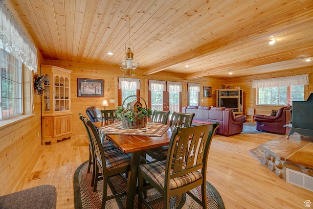 4571 Fawn Way, Heber City, UT 84032 - dining room featuring light wood-style flooring, recessed lighting, wooden ceiling, visible vents, and wood walls