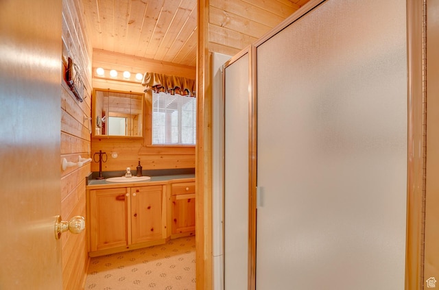 4571 Fawn Way, Heber City, UT 84032 - bathroom with a stall shower, vanity, wooden walls, and wood ceiling