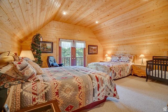 4571 Fawn Way, Heber City, UT 84032 - bedroom with lofted ceiling, wooden walls, carpet, and access to exterior