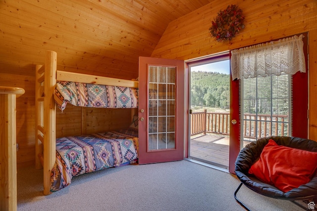 4571 Fawn Way, Heber City, UT 84032 - carpeted bedroom featuring wooden walls, access to outside, and vaulted ceiling