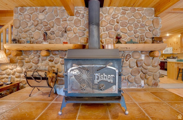 4571 Fawn Way, Heber City, UT 84032 - interior details featuring wooden ceiling, a wood stove, and white appliances